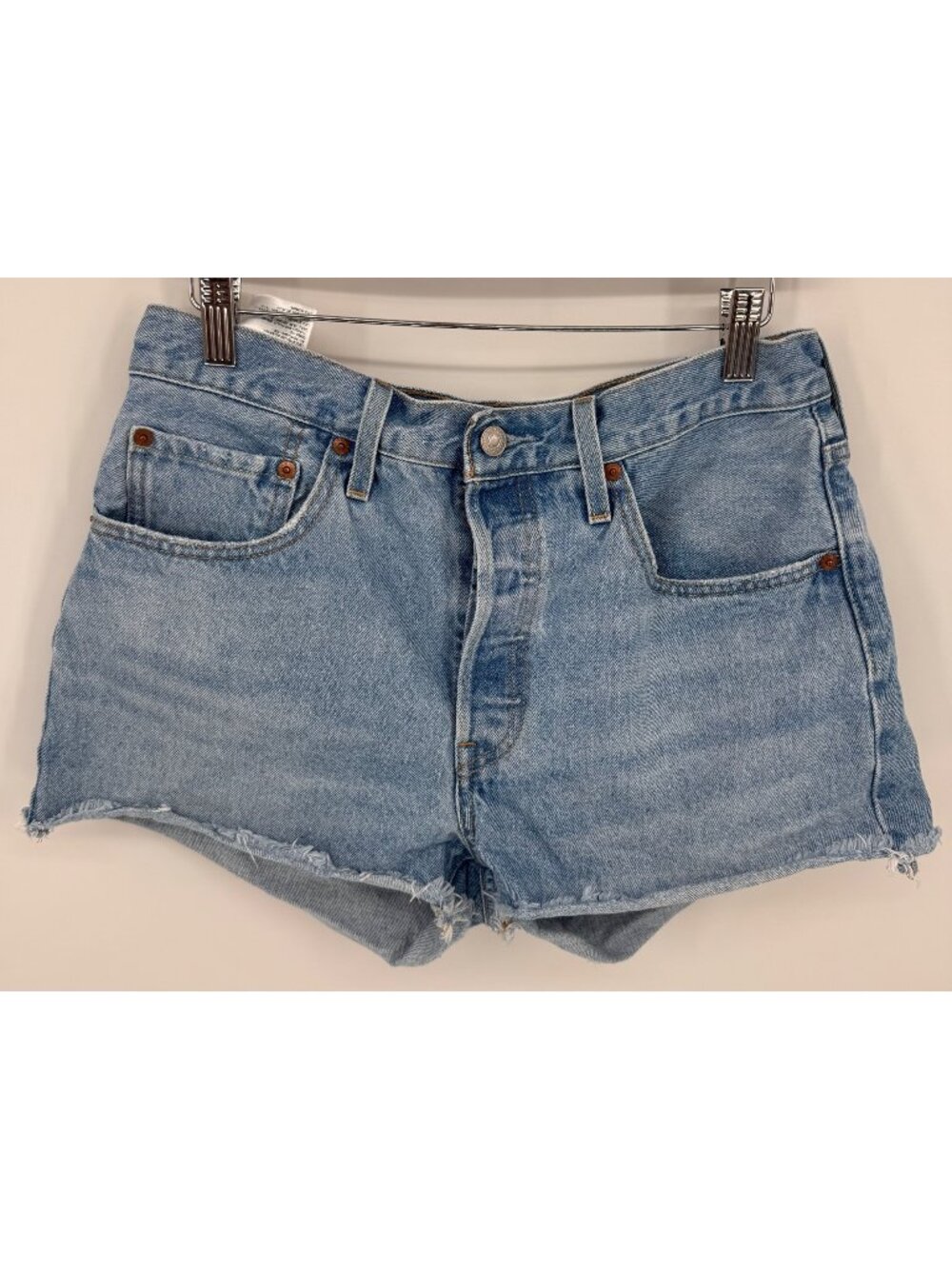 Levis Womens 501 High Waisted Light Wash Denim Shorts Size 30 with Frayed Hem